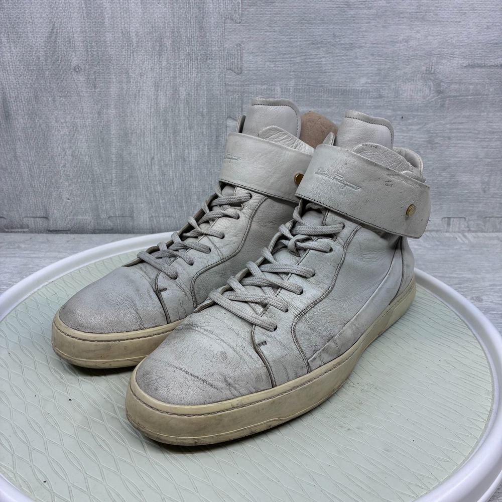 Salvatore Ferragamo High Top Sneakers Mens 12 White Leather Ankle Strap TZ 24819